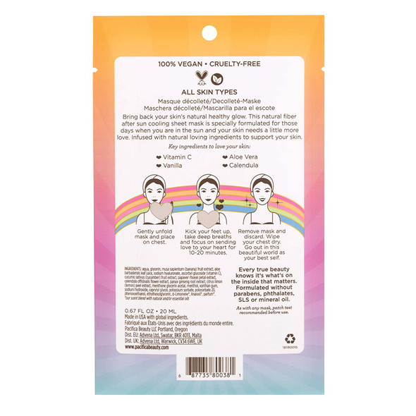 Pacifica Beauty, After Sun Cool & Glow Chest Area Sheet Mask, Aloe Vera, Calendula, Vitamin C, Vanilla, Cooling Mask, Suncare + Skincare, Sun Burn Relief, Vegan