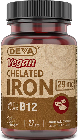 DEVA Vegan Chelated Iron with Added Vitamin B-12, Dietary Supplement, 29 mg, 90 Count