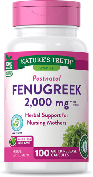 Fenugreek Seed Capsules | 2000mg | 100 Powder Capsules | Non-GMO, Gluten Free | by Nature's Truth