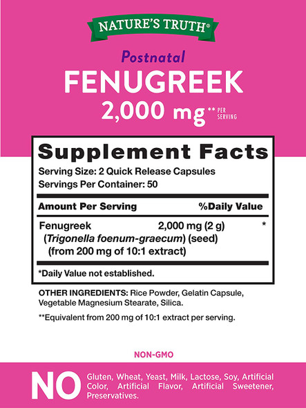 Fenugreek Seed Capsules | 2000mg | 100 Powder Capsules | Non-GMO, Gluten Free | by Nature's Truth