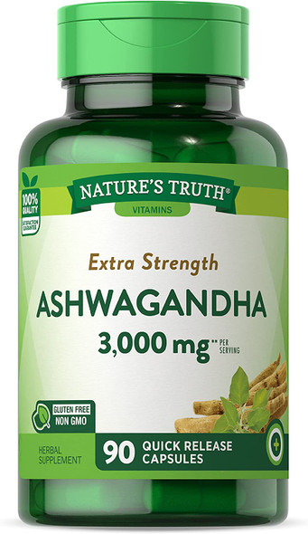 Ashwagandha Capsules | 3000mg | Extra Strength | 90 Count | Non-GMO & Gluten Free | Ashwagandha Root Supplement | by Natures Truth