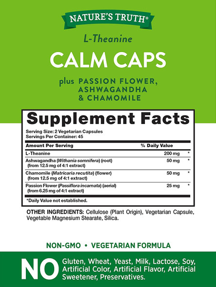 L Theanine Calm Caps | 90 Veggie Capsules | with Ashwagandha, Passion Flower and Chamomile Vegan, Non-GMO, Gluten Free Supplement | by Nature's Truth