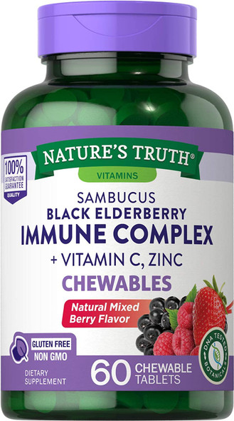 Elderberry Immune Support | 60 Chewable Tablets | with Vitamin C and Zinc | Non GMO and Gluten Free Complex | Mixed Berry Flavor | by Nature's Truth