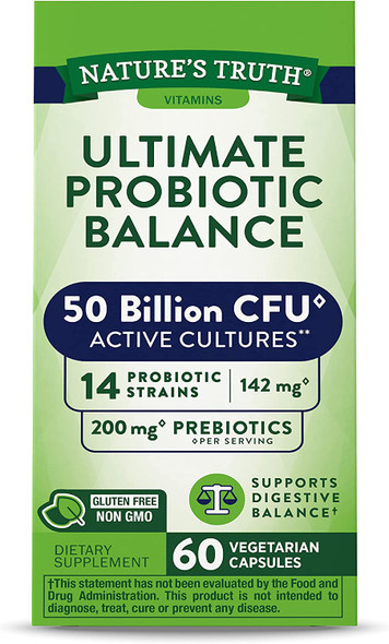 Probiotic 50 Billion CFU | 200mg Prebiotics | 60 Capsules | Vegetarian, Non GMO & Gluten Free Supplement for Men and Women | Supports Digestive Balance | by Nature's Truth