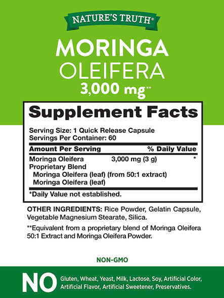 Nature's Truth Moringa Capsules | 60 Count | Complete Green Superfood | from Moringa Oleifera Leaf Powder | Non-GMO, Gluten Free