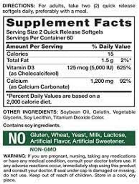 Nature's Truth Absorbable Calcium 1200 mg plus D3 5000 IU per Serving Quick Release Softgels - 120 ct, Pack of 5