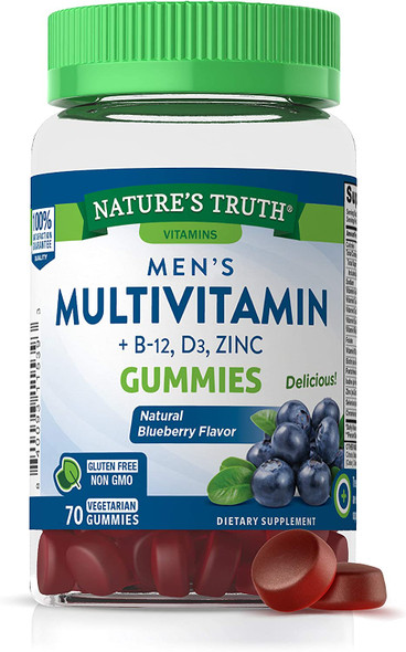 Mens Multivitamin Gummy | 70 Count | Vegetarian, Non-GMO, Gluten Free | with B12, D3, Zinc | Blueberry Flavor | by Nature's Truth