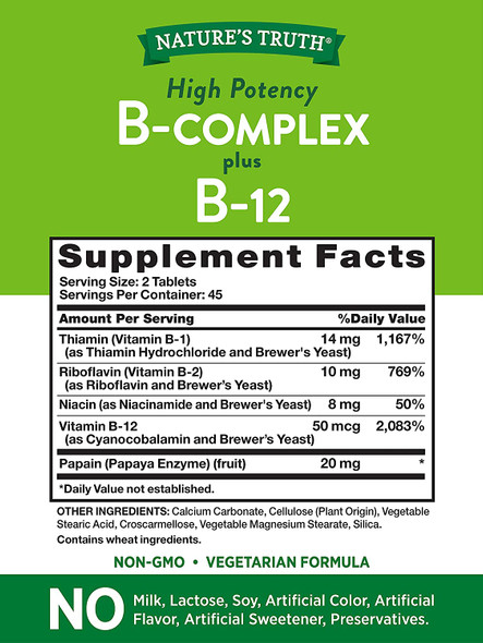 Vitamin B Complex | Plus B12 | 90 Tablets | Vegetarian, Non-GMO & Gluten Free | by Nature's Truth