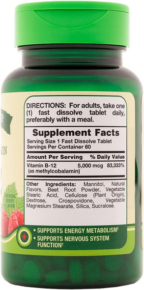 Nature's Truth Sublingual Methylcobalamin B-12 5000mcg Tabs, Berry 60 ea (Pack of 3)