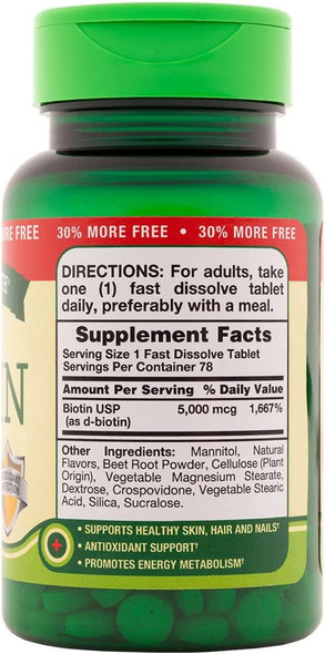 Nature's Truth Biotin 5000 Mcg, Fast Dissolve Tabs, Natural Berry Flavor, 78 Count (Pack of 3)