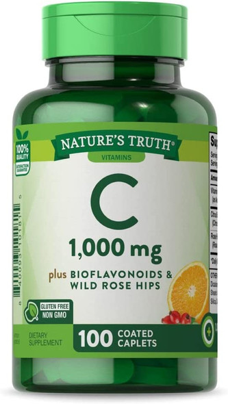 Vitamin C Bioflavonoids & Rose Hips | 1000mg | 100 Caplets | Vegetarian, Non-GMO, Gluten Free | by Nature's Truth
