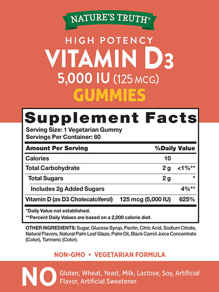 Vitamin D3 Gummies | 5000 IU | 60 Count | Vegetarian, Non-GMO & Gluten Free Supplement | Natural Peach Flavor | by Nature's Truth