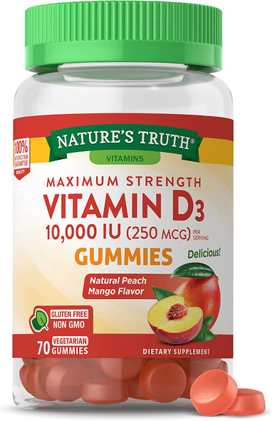 Vitamin D3 Gummies | 10000 IU | 70 Count | Vegetarian, Non-GMO & Gluten Free Supplement | Natural Peach Mango Flavor | by Nature's Truth