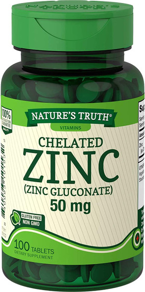 Nature's Truth Chelated Zinc 50mg | 100 Tablets | Essential Mineral Supplement | from Zinc Gluconate | Vegetarian, Non-GMO, Gluten Free