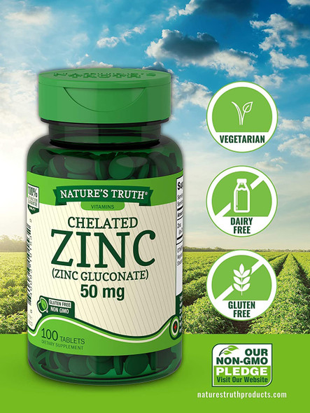 Nature's Truth Chelated Zinc 50mg | 100 Tablets | Essential Mineral Supplement | from Zinc Gluconate | Vegetarian, Non-GMO, Gluten Free