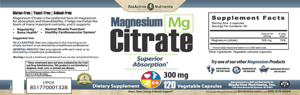 Magnesium Citrate 300 mg  120 caps by BioActive Nutrients