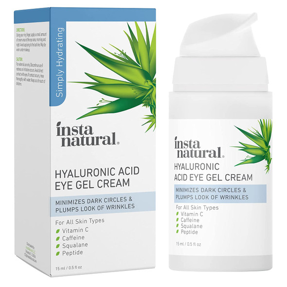 InstaNatural Hyaluronic Acid Eye Gel Cream, Hydrating Eye Cream for Puffiness, Dark Circles and Wrinkles with Vitamin C, Caffeine, Squalane and Peptides, Suitable for Sensitive Skin