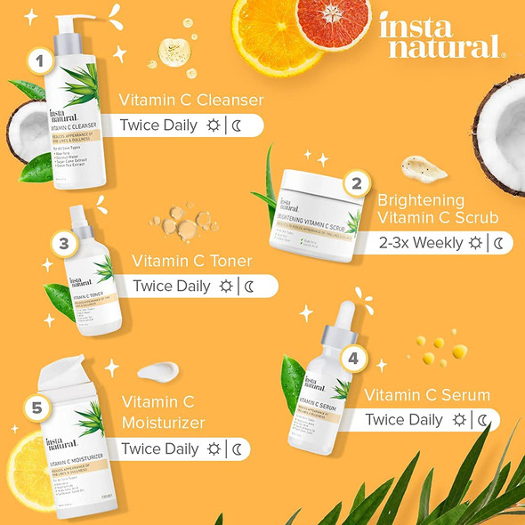 InstaNatural Vitamin C Facial Bundle - With Vitamin C Cleanser, Vitamin C Facial Toner, Vitamin C Moisturizer, & Vitamin C Serum with Hyaluronic Acid & Ferulic Acid Anti Aging & Exfoliating Bundle