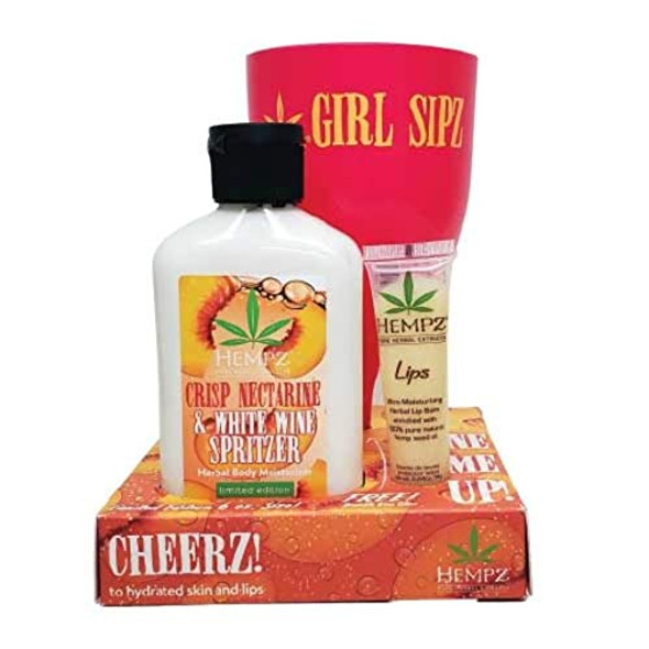 Hempz, Wine Me Up, Crisp Nectarine & White Wine Spritzer (6 oz), Lip Balm (0.44 oz), Reusable Wine Glass (Girl Sipz)