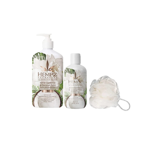 Hempz White Gardenia & Coconut Palm Herbal Body Moisturizer, Body Wash & Body Pouf Set