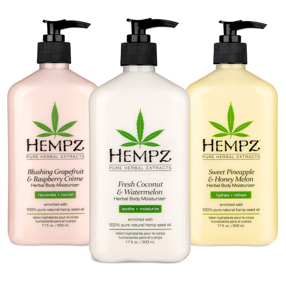 Hempz Sweet Pineapple & Honey Melon Moisturizer + Fresh Coconut & Watermelon Moisturizer + Blushing Grapefruit & Raspberry Creme Herbal Body Moisturizer, 17 oz., 3 Pack Bundle - Pure Hemp Seed Oil