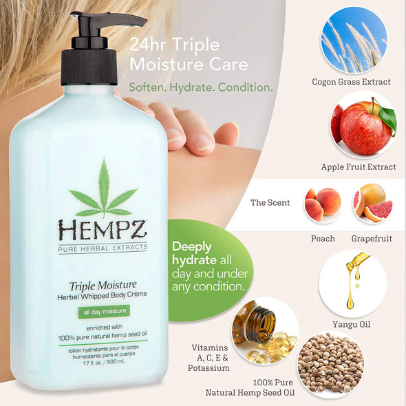 Hempz Natural Triple Moisture Herbal Whipped Body Cream with 100% Pure Hemp Seed Oil for 24-Hour Hydration, Moisturizing Vegan Skin Lotion with Yangu Oil, Peach and Grapefruit, 2 Pack Bundle, 34 Oz