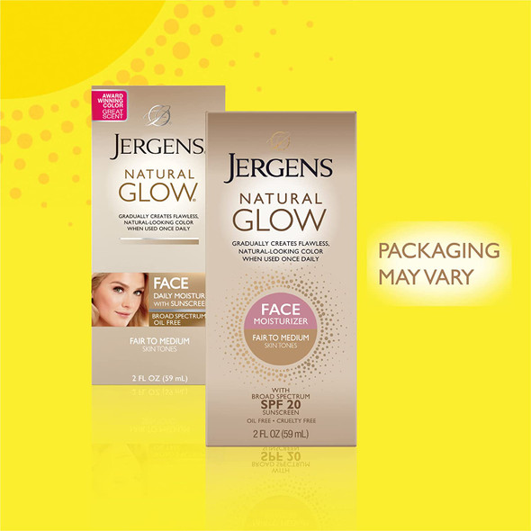 Jergens Natural Glow Self Tanner Face Moisturizer, SPF 20 Facial Sunscreen, Fair to Medium Skin Tone, Sunless Tanning, Oil Free, Broad Spectrum Protection UVA and UVB, 2 oz (Packaging May Vary)