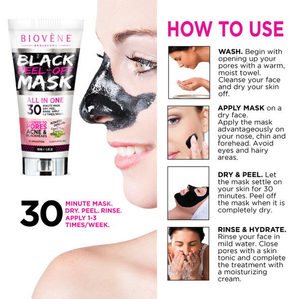 Biovene Black Peel-Off Mask, 3.4 oz Tube, Black Face Mask to Combat Acne, Blemishes and Blackheads, Unclogs Pores for Perfect Skin, with Activated Charcoal, Aloe Vera and Green Tea