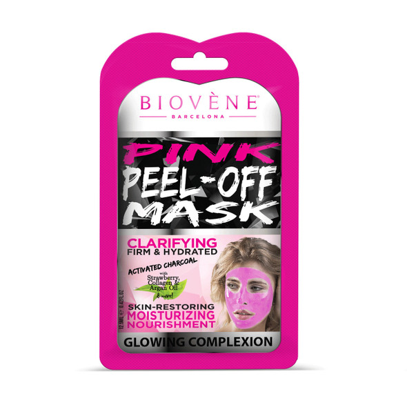 Biovene Pink Peel-Off Mask, 12.5ml sachet (0.42 oz), Pink Mask with Activated Charcoal, Strawberry Extract and Collagen