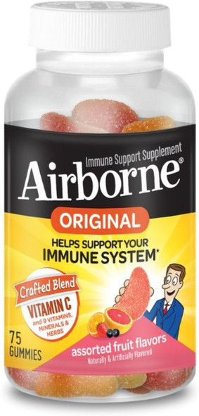 Airborne Vitamin C 750mg - Airborne Assorted Fruit Flavored Gummies Gluten-Free Immune Support Supplement with Echinacea and Ginger 75 ct