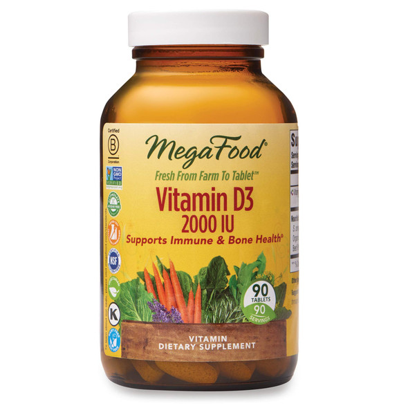MegaFood - Vitamin D-3 2000 IU, Promotes Healthy Immune Function & Overall Well-being, 90 Tablets (FFP)