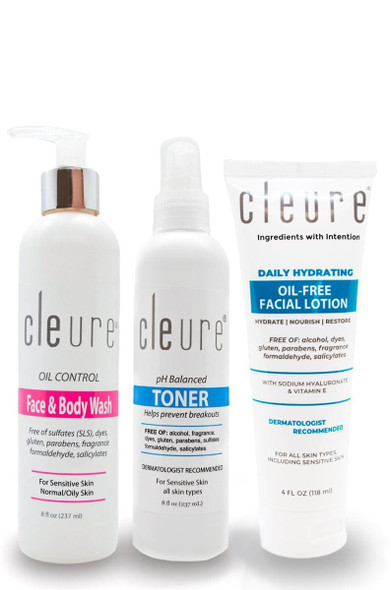Cleure Acne Skin Relief - Oil Controlling Facial System (Oil-Free Facial Lotion, Face & Body Wash, Toner)