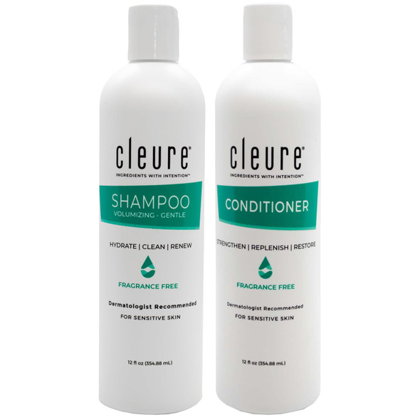 Cleure Shampoo and Conditioner Set Sulfate Free, Fragrance Free for Sensitive Skin - Volumizing Shampoo & Hydrating Conditioner 12 Oz