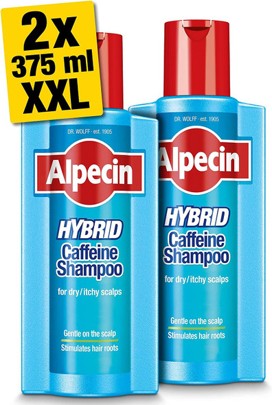 Alpecin Hybrid Shampoo 2x 375ml | Natural Hair Growth Shampoo for Sensitive and Dry Scalps | Energizer for Strong Hair | Hair Care for Men Made in Germany