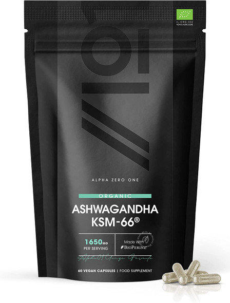 Organic Ashwagandha KSM-66A® with BioPerineA® - 1650mg - 5% Withanolides - Most Bioavailable Full-Spectrum Root Extract - Not Tablets or Powder - 60 Vegan Capsules Bag