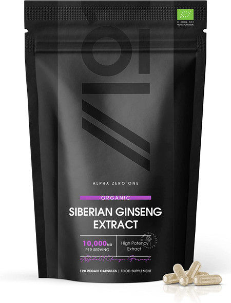 Organic Siberian Ginseng 10,000mg - High Strength Eleutherococcus Senticosus 15:1 Extract - No Additives - Non-GMO, Gluten Free, Halal. ֿ120 Vegan Capsules