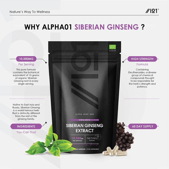 Organic Siberian Ginseng 10,000mg - High Strength Eleutherococcus Senticosus 15:1 Extract - No Additives - Non-GMO, Gluten Free, Halal. ֿ120 Vegan Capsules