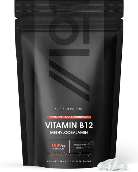 Vitamin B12 1000IU Methylcobalamin Softgels - Made with Cold-Pressed MCT Oil for Advanced Absorption - No Additives - Non-GMO, Gluten Free. 90 Softgels