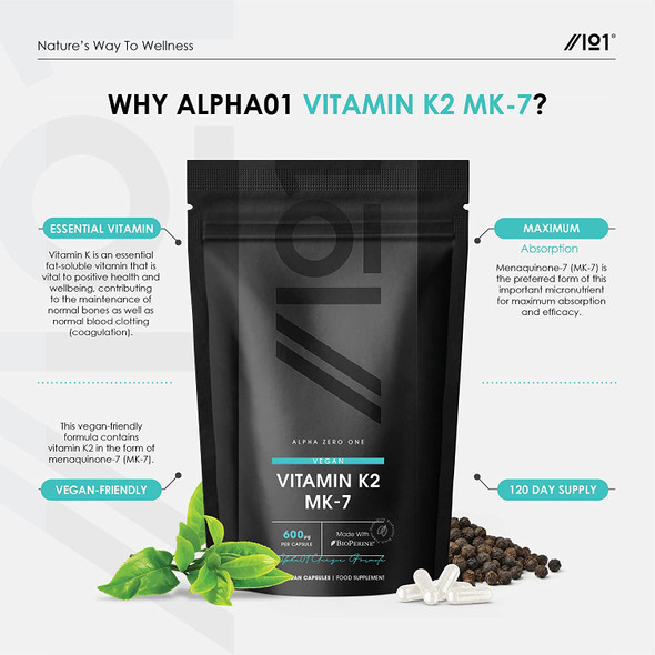 Vitamin K2 MK-7 600mcg - Fermented Natto Based Vegan Vitamin K - Supports Bone Health - Non-GMO, Halal - 120 Vegan Capsules