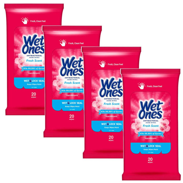 WET ONES Antibacterial Hand Wipes, Fresh Scent 20 ea (Pack of 4)