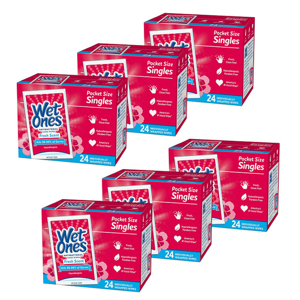 Wet Ones Antibacterial Hand Wipes, Fresh Scent, 24 count Wipes (Pack of 6), Packaging May Vary