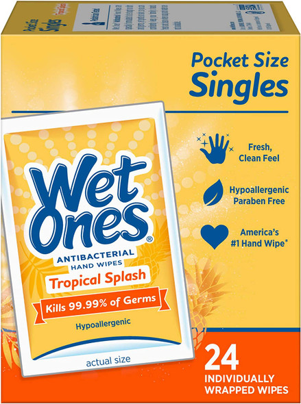 Wet Ones Antibacterial Hand & Face Wipes, Tropical Splash Scent Singles, 24 Count, Pack Of 5