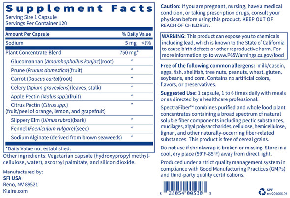 Klaire Labs Spectrafiber - Hypoallergenic 9 Soluble Fiber Blend with Apple Pectin & Glucomannan, No Psyllium & Gluten-Free (120 Capsules)