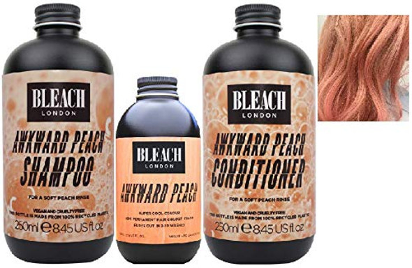 (Pack of 3) Bleach London Awkward Peach SHAMPOO x 250ml & CONDITIONER x 250ml & Awkward Peach COLOUR x 150ml 3 BOTTLES