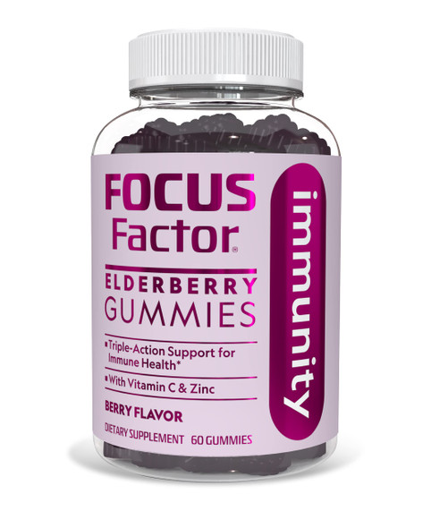 Focus Factor Elderberry Immunity Gummies with Zinc and Vitamin C for Daily Immune Support, 60 Count – Berry Flavor – Non-GMO, Gluten Free – No Artificial Flavors – Elderberry Immunity Vitamins