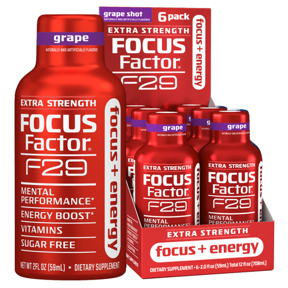 Focus Factor F29 Focus + Energy Shot – Extra Strength, Pack of 6 – Grape Flavor – Sugar Free Energy Supplement, 5 Calories Per Shot - Nootropics Brain Support with Ginkgo Biloba, Bacopa Monnieri