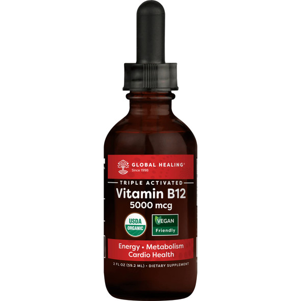 Global Healing Triple Activated B12 5000 Mcg Organic Sublingual Liquid Vitamin Supplement | Methylcobalamin & Adenosylcobalamin & Hydroxo Blend For Long-Lasting Energy And Healthy Metabolism - 2 Fl Oz