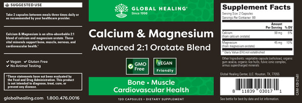 Global Healing IntraCal Natural Calcium and Magnesium Orotate Supplement for Maximum Absorption - Supports Healthy Teeth & Bones, Normal Muscle Function - (120 Capsules)
