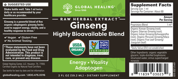 Global Healing Ginseng Fuzion Organic Raw Herbal Extract - Liquid Supplement Drop Promotes Energy and Reduces Stress & Anxiety - Korean (Panax), Siberian, Maca, Ashwagandha - Non-GMO - 2 Fl Oz