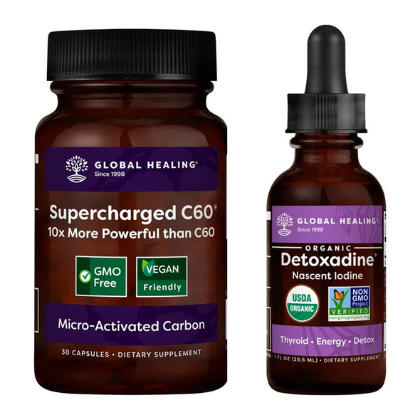 Global Healing Supercharged C60 and Detoxadine Bundle, Micro-Activated Carbon and Nascent Iodine Liquid Supplement Drops